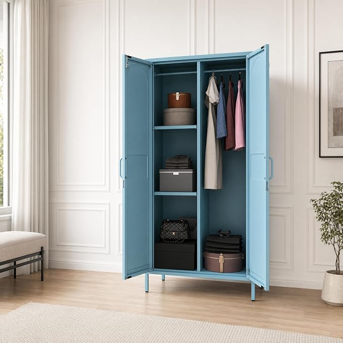 Lockable Metal Wardrobe Closet with Hanging Rod and 3 Adjustable Shelves,67" Metal Storage Cabinet with 2 Doors,Steel Armoire Wardrobe Closet for Bedroom Living Room Cloak Room (Blue)