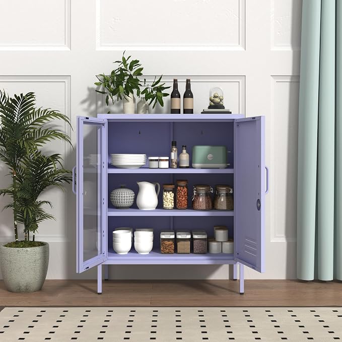 33" Tall Lockable Metal Storage Cabinet with Adjustable Shelves,2 Door Home Freestanding Locker Metal Pantry Cabinet for Living Room,Office,Dining Room,Purple Size: 33" H x 29.5" W x 13.8" D