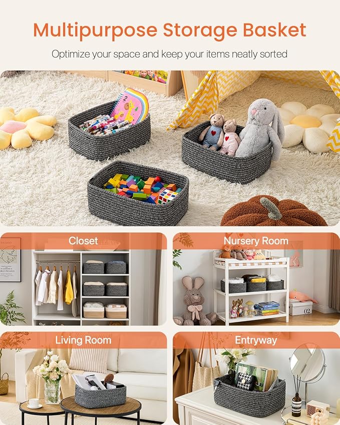 Small Woven Basket, 13.5 x 9.5 x 5 Inches, Storage Basket for Organizing, Cute Small Rope Shelf Closet Cube Storage Bins Baskets for Shelves, Dog Toy Gift Baskets Empty, 3 Pack Mixed Black