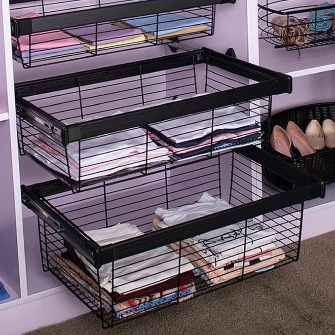 Stackable Pull Out Cabinet Storage Basket - Detachable Telescopic Drawer Organizer for Kitchen, Office & Wardrobe - Versatile Black Storage Solution (614x460x170mm)