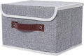 ANMINY Storage Bin with Lid Storage Boxes with PU Leather Handles PP Plastic Board Decorative Foldable Lidded Cotton Linen Fabric Home Cubes Baskets Closet Organizer Container - Gray, Medium
