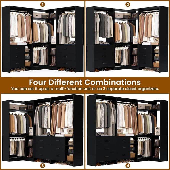 Aheaplus Closet System with 6 Drawers, 4 Hanging Rods & Corner Tower, Corner Closet System with Hanging, 86.8" L-Shaped Walk-In Wardrobe Organizer, 2000+ lbs Capacity, Set of 3, Black