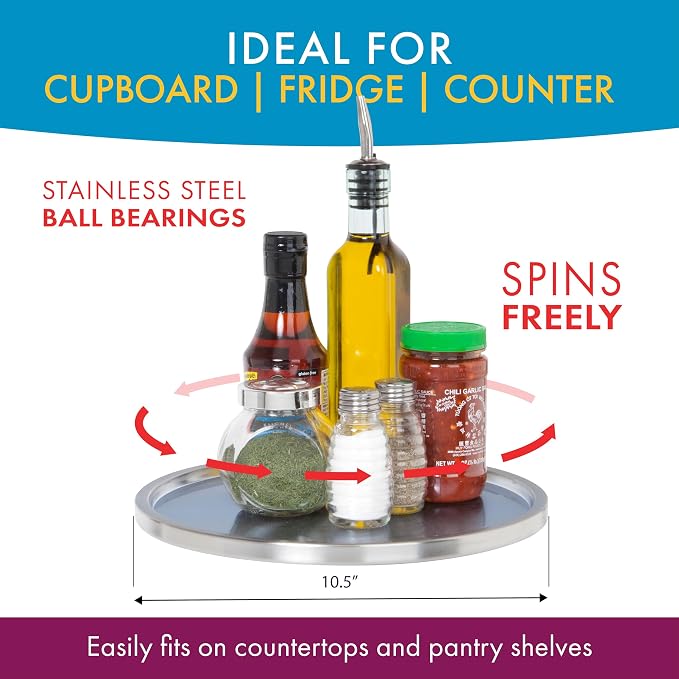 Dial Industries Lazy Susan Stainless Turntable Organizer, Brushed Finish | Great for spices, condiments and canned goods, Spins smoothly for easy access, Keeps cabinets and countertops neat