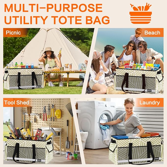 Extra Large Utility Tote Bag with Reflective Strip, Standing Reusable Grocery Bags with Hard Bottom, Collapsible Utility Tote with Handles for Shopping, Beach, Picnics, Car, Striped Gray