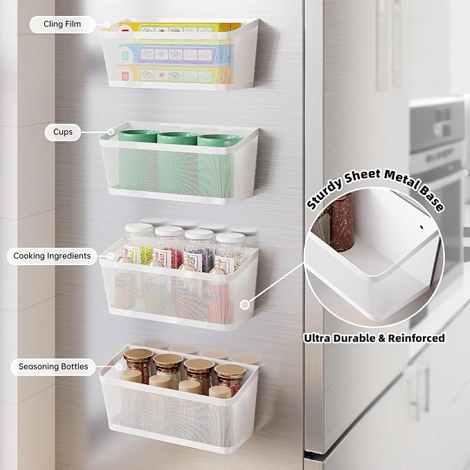 2Pcs Magnetic Spice Rack for Refrigerator, White Magnetic Shelves | Powerful Magnet Hanging Basket Holder, Magnetic Organizer Shelf for Fridge, For Seasonings Fruit Vegetables Coffee Beans