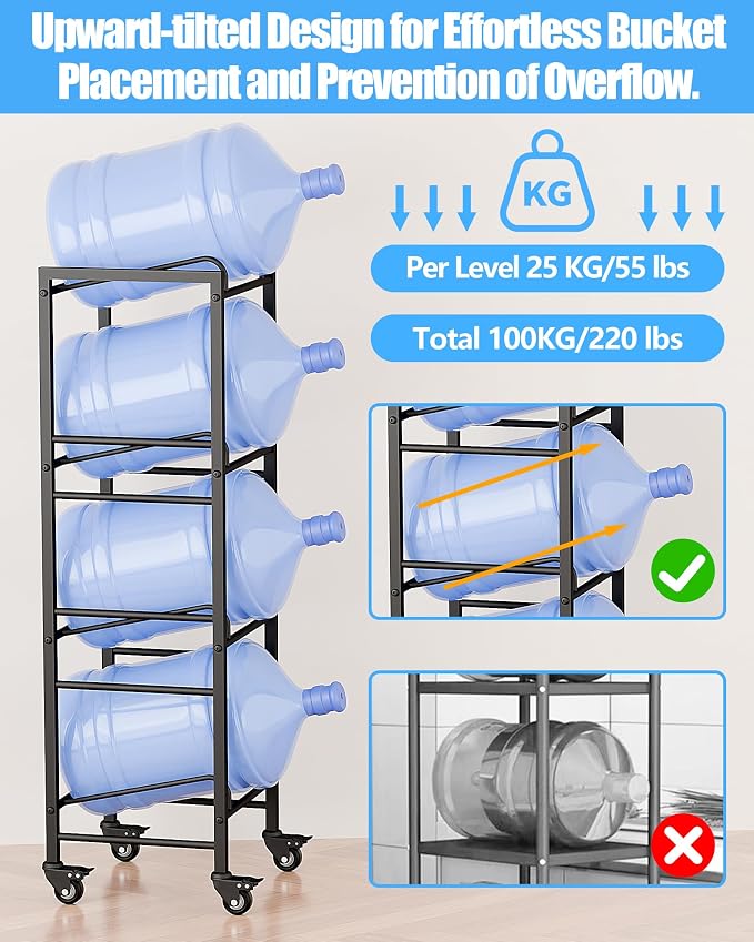 4 Tier 5 Gallon Water Jug Holder with 4 Lockable Wheels - Water Bottle Rack Organizer with Movable Casters, Heavy Duty Water Storage Rack Dispenser Stand for Kitchen Office Garage/Black