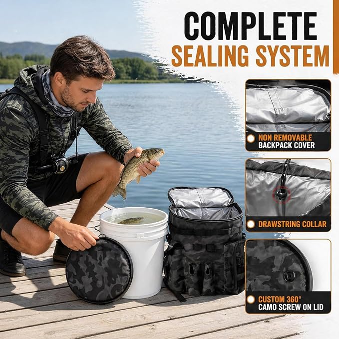 FUNHORUN Fishing Bucket Organizer with 5 Gallon Bucket & Rotating Seat Lid | 360 Swivel Seat Lid, Bucket Backpack with Backpack Straps, Full Water-Resistant & Multi-Pockets (Fishing Tools Not Included)