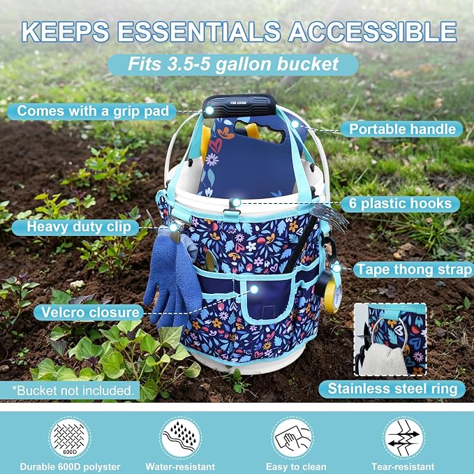 KUNN 5 Gallon Garden Bucket Tool Organizer & Kneeling Pad Set, 18-Pocket Heavy Duty Garden Caddy with Hangable Handle, Polyester Tool Bag with Grip Handle & Gardening Kneeling Pad for Women, Navy