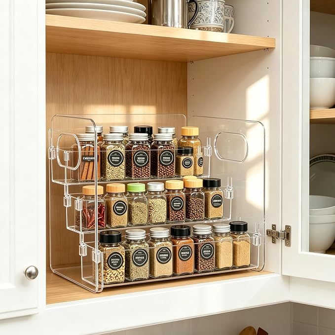 3-Tier Acrylic Spice Rack for Spice, Condiment Jars & Vitamin Bottles | Multipurpose Spice Rack for Cabinets & Countertops, Stores Spice Jars, Baking Goods & Pill Bottles, Clear View Quick Access