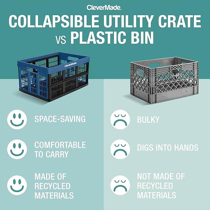 CleverMade Collapsible Utility Crates 45L (3 Pack) – Foldable Plastic Crates with Heavy Duty 66 lb Capacity, Collapsible Crates for Storage, Trunk Organization, Moving - Obsidian