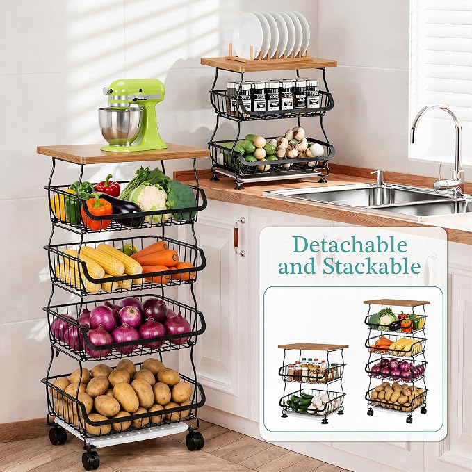 VECELO 5-Tier Fruit Basket with Wheels, Fruit and Vegetable Storage Cart for Kithchen, Stackable Produce Organizer Wire Baskets for Kitchen, Pantry, Living Room