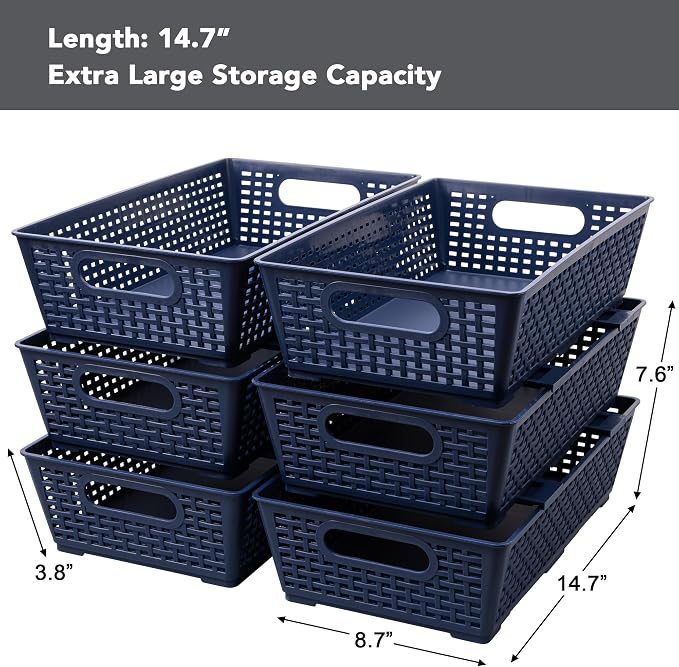 Tiawudi Stackable Woven Plastic Basket, Storage Bins for Cabinet, Closet, Shelf, Under Sink and Countertop, Pantry Organizer Bins, 6 Pack