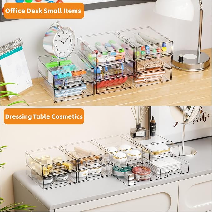 Yieach 2.2'' High Small Clear Stackable Storage Drawers,4 Pack Desk Organization and Storage Bins,Plastic Office Supply Organizer,Acrylic Drawer Storage Organizer for Makeup,Accessory,Pen,Art Crafts