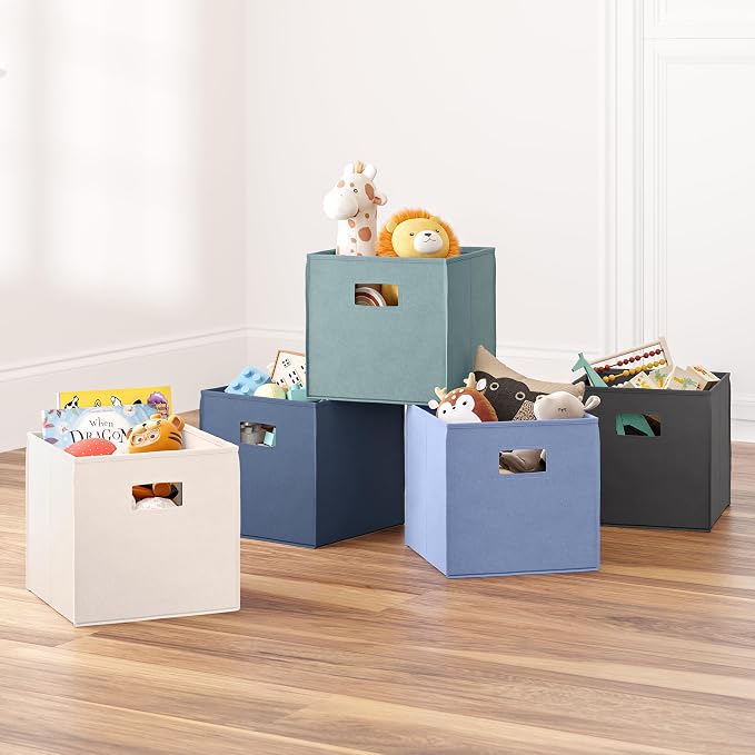 RiverRidge Folding Storage Bins - 2-pack of 10in Tall Slate Blue Cubes | Fabric Bins, Set of 2 Storage Cubes, Cut-out Handles, Playroom Closet Organizer, Collapsible Cubby with Bottom Board Insert