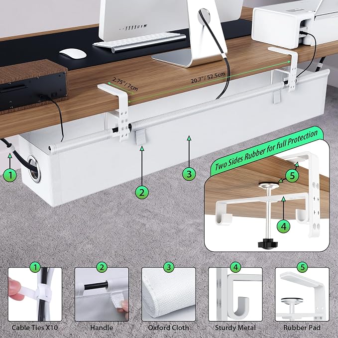 KEEGH Under Desk Cable Management Tray 36", Fabric Clamp/Screw Mount Cord Organizer, No Drill Under Desk Cable Tray for Home, Offices, Studios, Gaming Room (White)