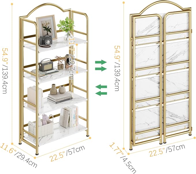 Gold Folding Bookshelf 4 Tiers, No Assembly,Vintage Storage Rack,White&Gold | Vintage Bookcase Multifunctional Plant Flower Stand, Storage Shelves Organizer for Home Office,Living Room,Dorm