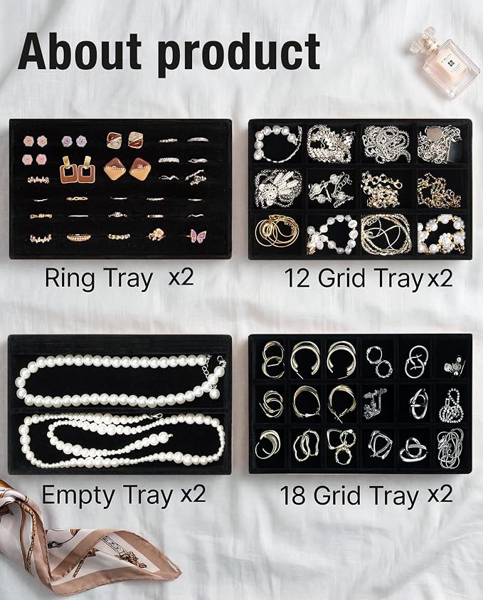 Jewelry Organizer Trays Set of 8,Velvet Jewelry Tray Stackable Storage Drawer Trays for Earring Ring Necklace Jewelry Display Case for Women(8 Set,Black)