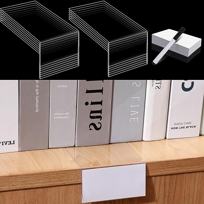 Containlol 60 Sets Moveable Shelf Label Display Holders with Label Inserts and Marker Clear Shelves Tag Plastic Shelf Markers Teachers Gift for Classroom Office Book Shelves(3 x 1.6 Inch)