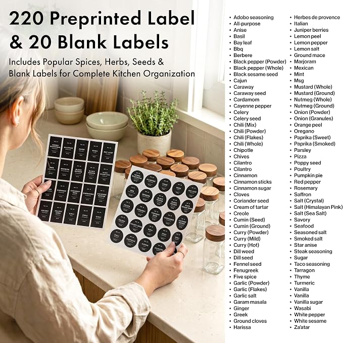 EDELHAUS Glass Spice Jars with Label, 24x Acacia Wooden Lids - Black Labels | Airtight Lids keep spices fresh, Kitchen Spice Drawer Organizer, 4oz Seasoning Containers incl. Funnel, Brush & 240 Labels