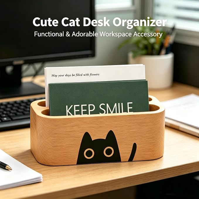 Business Card Holders 2 tier 2 Slot, Natural Wooden Name Card Holder Wood Business Card Holder Office Desktop Card Display Stands Cat Pattern Cute