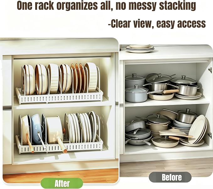 Pots and Pans Organizer Rack for under Cabinet, Expandable 12.2''-22.64'' Pot Lid Kitchen Cabinet Organizer Holder with 7 Adjustable Compartment Cutting Board Organizer for Pan Lid, Bakeware