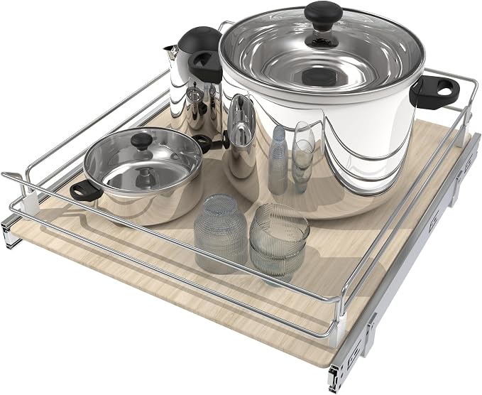 Pull Out Cabinet Organizer 19.08" W X 22" D, Wood & Chromed | Full Slide Out Drawers For Kitchen Cabinets, Cabinets Capacity Heavy Duty Caddy, Cabinet Pullout Shelves , Pantry Storage