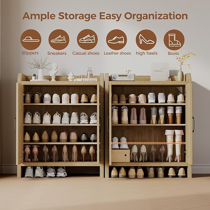 Mericonia Shoe Cabinet Storage for Entryway, Natural Rattan Shoe Storage Cabinet, Wooden Shoe Rack Cabinet, Farmhouse Boho Wood Shoe Organizer Cabinet for Hallway