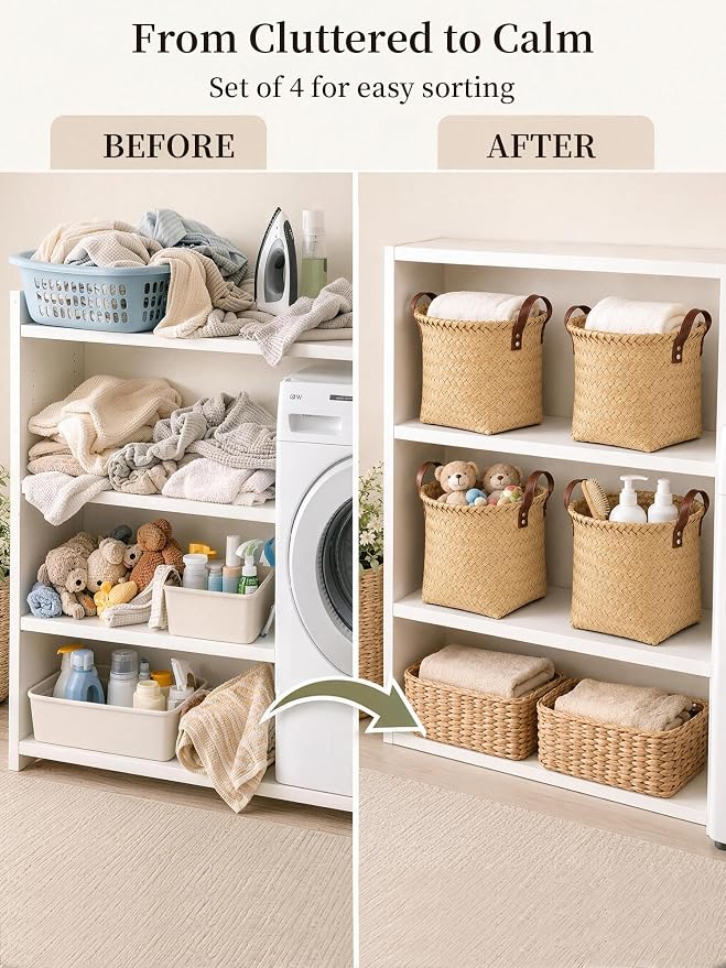 Hand Woven Baskets for Storage, 4Pcs Water-Resistant Wicker Baskets, Yellow Wicker Storage Baskets for Shelves, Large Basket with Handle for Organizing, Closet, Laundry, Blanket - Round