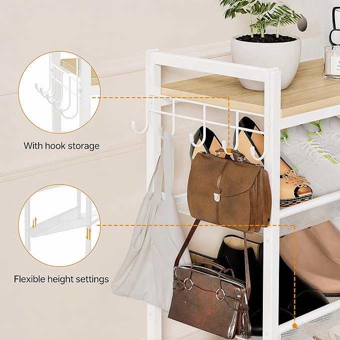 5 Tier Shoe Rack, Shoe Rack for Entryway with Hook, Shoe Organizer with Adjustable Mesh Shelves, Metal Shoe Storage, Closet, Bedroom Living Room Garage