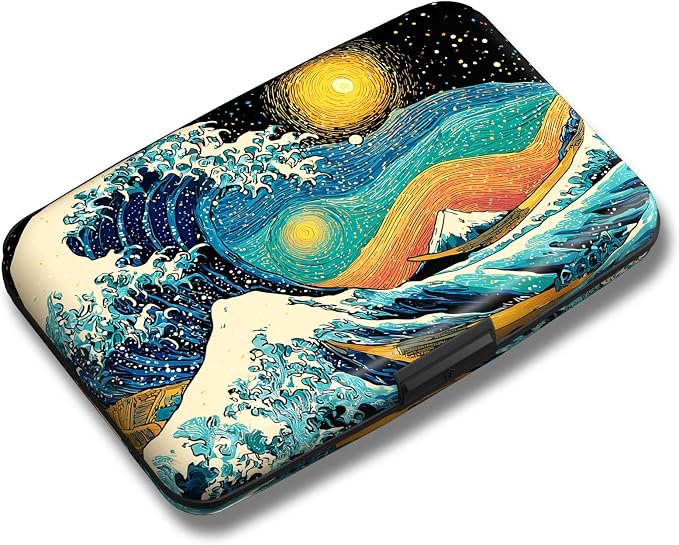 Maicican Credit Card Holder, Mini RFID Blocking Aluminum Wallet | Slim Metal Hard Case Travel Wallet ID Case for Women and Men, 4.3 x 2.9 Inches, Giant Waves