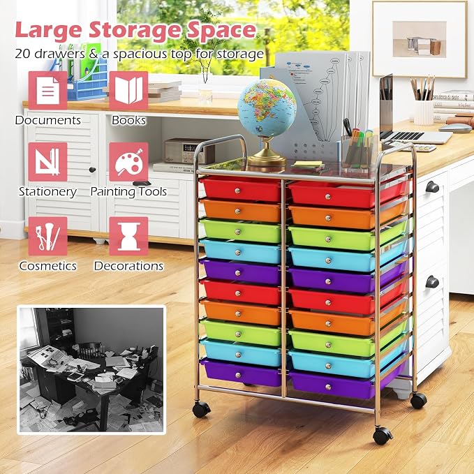 DREAMADE Rolling Cart with Storage Drawers, Utility Cart with Removable Plastic Drawers, Lockable Wheels, Art Cart for Classroom Organization Art Supplies Office Scrapbook (20 Drawers, Multi-color)
