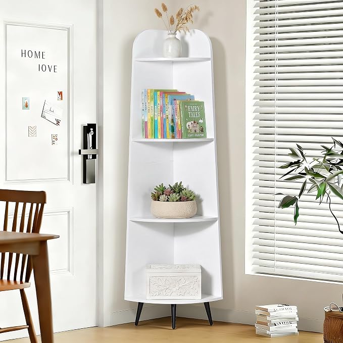 VECELO 4-Tier Curved Corner Shelf, 66.93" Tall Freestanding Corner Bookshelf, Narrow Vertical Corner Display Rack with 17.32" Spacious Open Tiers for Bedroom Living Room Small Spaces, White