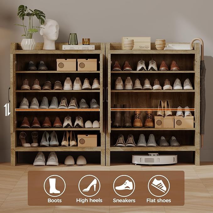 Mericonia 6-Tier Shoe Cabinet Storage for Entryway, Rattan Shoes Organizer Cabinets with Doors, Wooden Shoe Rack, Farmhouse Boho Wood Storage Cabinet (Natural, 6-Tier)