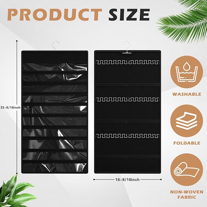 Hanging Jewelry Organizer, Double-Sided Necklaces Holder, Black | 42 clear pockets organize rings & earrings; 36 wire necklace hooks reduce tangles; top hook hangs in closets, walls or doors.