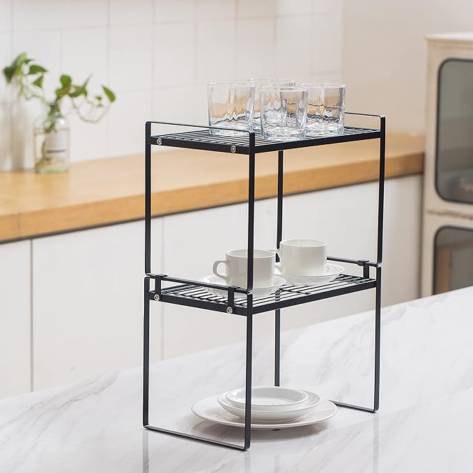 Shantton 2Pack Kitchen Cabinet Shelf Counter Organizer Rack Pantry Storage Bathroom Bedroom Office Table Desk Space Saving Stackable Rust Resistant Non Slip Black Tall Wide L13.1in W10.6in H9.5in