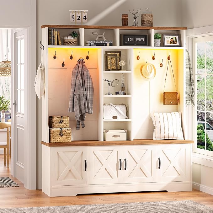 CSZZD Hall Tree with Bench and Shoe Storage, Farmhouse Entryway Bench with Coat Racks and Led Lights, Large Hall Tree with 12 Coat Hooks, 8 Storage Cubbies, Adjustable Shelf