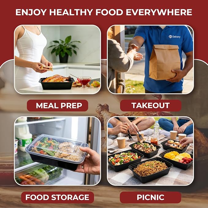 100 Pack (200-Piece) 24 oz Meal Prep Containers Reusable Food Storage Containers with Lids, Sturdy Leakproof To Go Plastic Takeout Containers for Microwave, Freezer, Dishwasher Safe