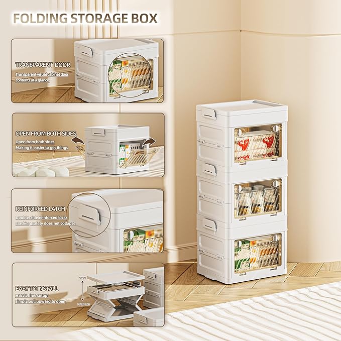 16 QT / 4 Gal Foldable Storage Cabinet with Clear Double Doors Organizer, Transparent Front & Back, Pull to Setup, Rolling Storage Bin for Closet/Living Room