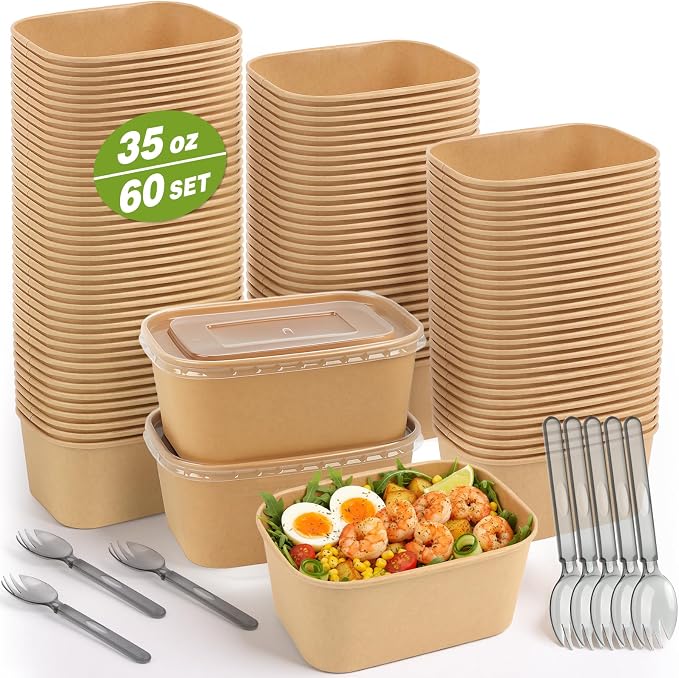 60 Packs 35oz Disposable Meal Prep Containers with Lids, Leak-Proof Microwave/Freezer Safe Food Prep Containers with Utensils & Labels, Sturdy Kraft Paper Bowls for Weekly Meal Prep, Lunch & Leftovers