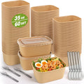 60 Packs 35oz Disposable Meal Prep Containers with Lids, Leak-Proof Microwave/Freezer Safe Food Prep Containers with Utensils & Labels, Sturdy Kraft Paper Bowls for Weekly Meal Prep, Lunch & Leftovers
