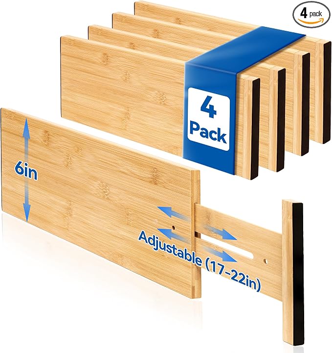 4 Pack Deep Drawer Dividers, 6" High Bamboo Expandable Drawer Organizers, 17-22" Adjustable Tension Separators, Large Drawer Dividers for Kitchen, Bedroom Dresser, Baby Nursery & Bathroom