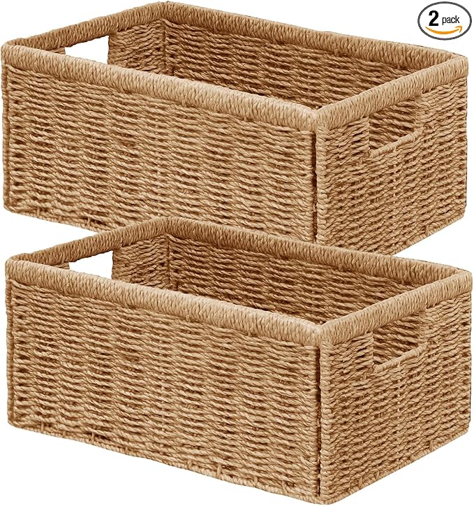 Vagusicc Wicker Storage Basket, Set of 2 Hand Woven Wicker Baskets for Organizing with Handles, Decorative Small Storage Bins for Countertop Toilet Paper Basket for Toilet Tank Top, Shelves, Natural