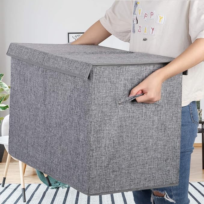 popoly 2 Pack Large Toy Box Chest with Lid, Collapsible Sturdy Toy Storage Organizer Boxes Bins Baskets for Kids, Boys, Girls, Nursery, Playroom, 25"x13" x16" (Linen Gray)