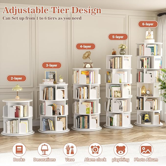 Aheaplus 6 Tier Rotating Bookshelf, Wood Spinning Bookshelf Tower, Round Revolving 360 Bookcase, Narrow Turning Book Shelf Rolling Corner Organizer for Small Space, Bedroom, Office, White