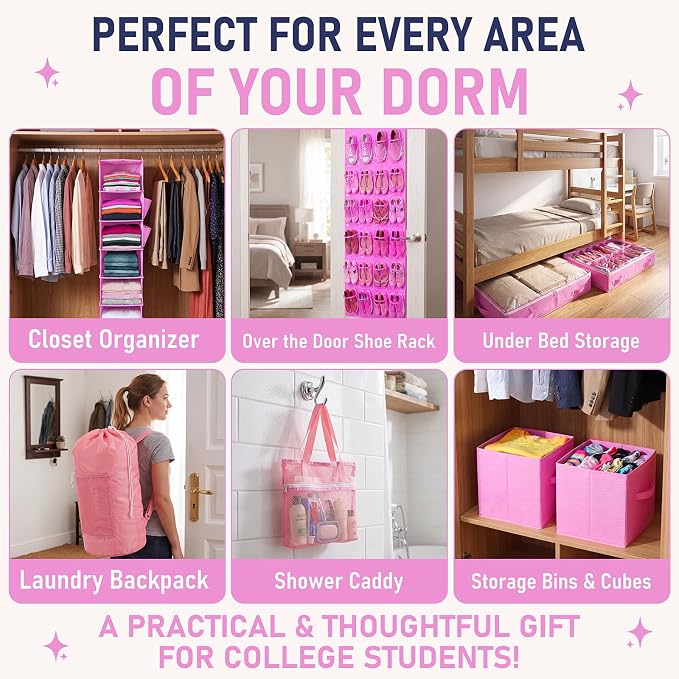 Briwooody 11 Pcs College Dorm Storage Set, Dorm Organizer Kit with Closet Organizer, Over Door Shoe Rack, Under Bed Storage Bags, Laundry Backpack, Shower Caddy, Collapsible Bins(Pink)