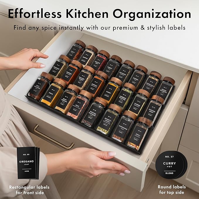 EDELHAUS Glass Spice Jars with Label, 36x Acacia Wooden Lids - Black Labels | Airtight Lids keep spices fresh, Kitchen Spice Drawer Organizer, 4oz Seasoning Containers incl. Funnel, Brush & 240 Labels