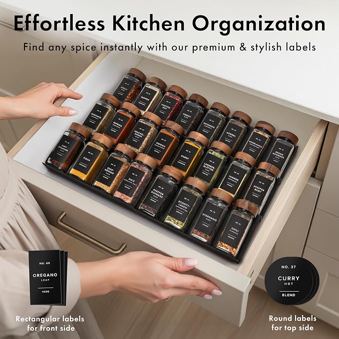 EDELHAUS Glass Spice Jars with Label, 24x Acacia Wooden Lids - Black Labels | Airtight Lids keep spices fresh, Kitchen Spice Drawer Organizer, 4oz Seasoning Containers incl. Funnel, Brush & 240 Labels
