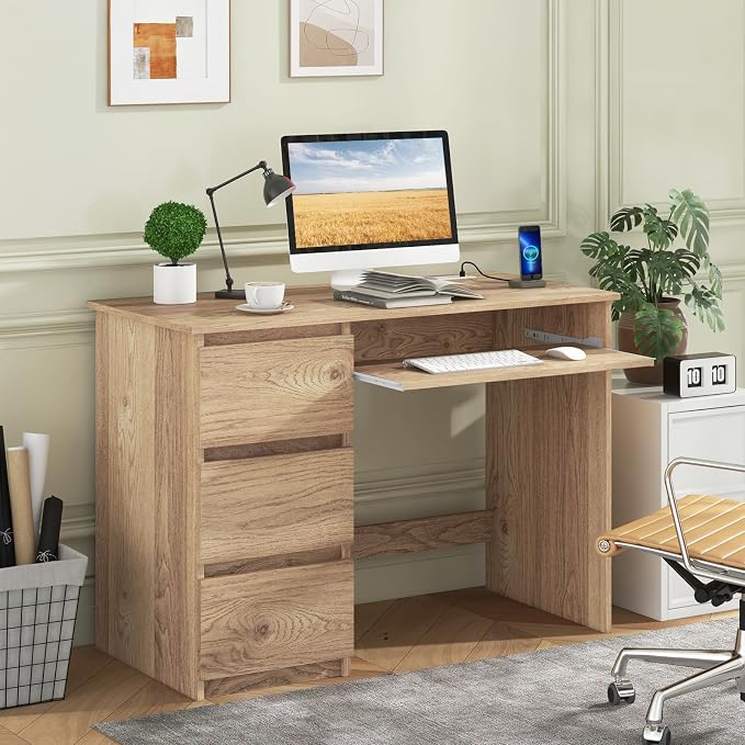DREAMADE 42" Computer Desk with 3 Drawers and Keyboard Tray, Natural | Wood Study Desk with Storage, Built-in Charging Station & Slide Out Tray, Writing Table for Home Office Studyroom & Bedroom