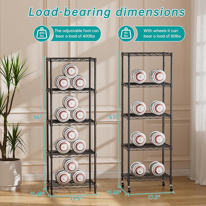SINGAYE Small 5 Tier Shelves Wire Storage Shelving Adjustable Metal Shelf | With Wheels Home Storage Small Rack Pantry Closet Unit for Laundry Room Organization Bathroom Kitchen