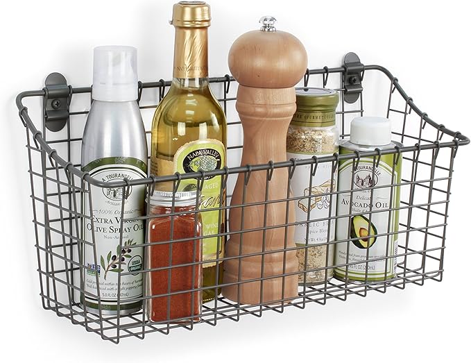 Spectrum Extra Large Wire Wall Mount Storage Basket Industrial Gray, Vintage Wire Basket Wall Mount Organizer Modern for Pantry Kitchen and Bath, Versatile Wall Mount Storage Basket Wire Caddy